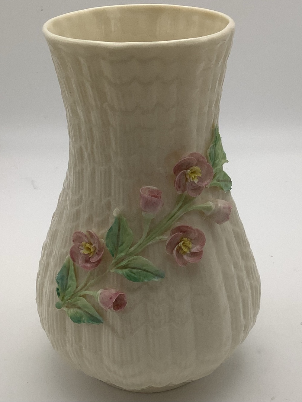 Vintage Belleek Irish Fluted Vase with 3D Floral Design